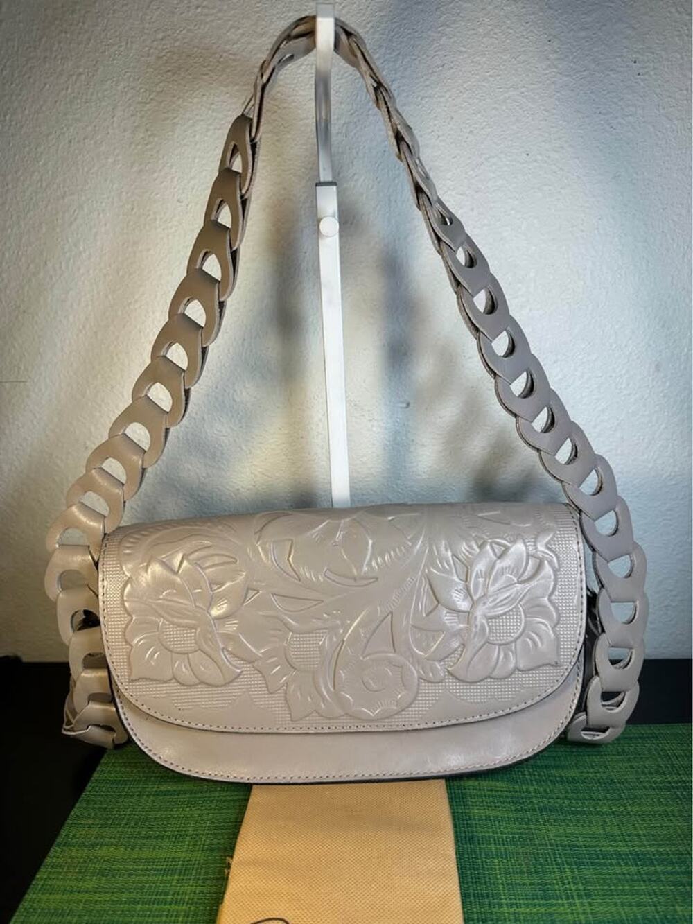 Patricia Nash Chelsey Leather Chainlink Crossbody Bag - Stone Gray -NWOT